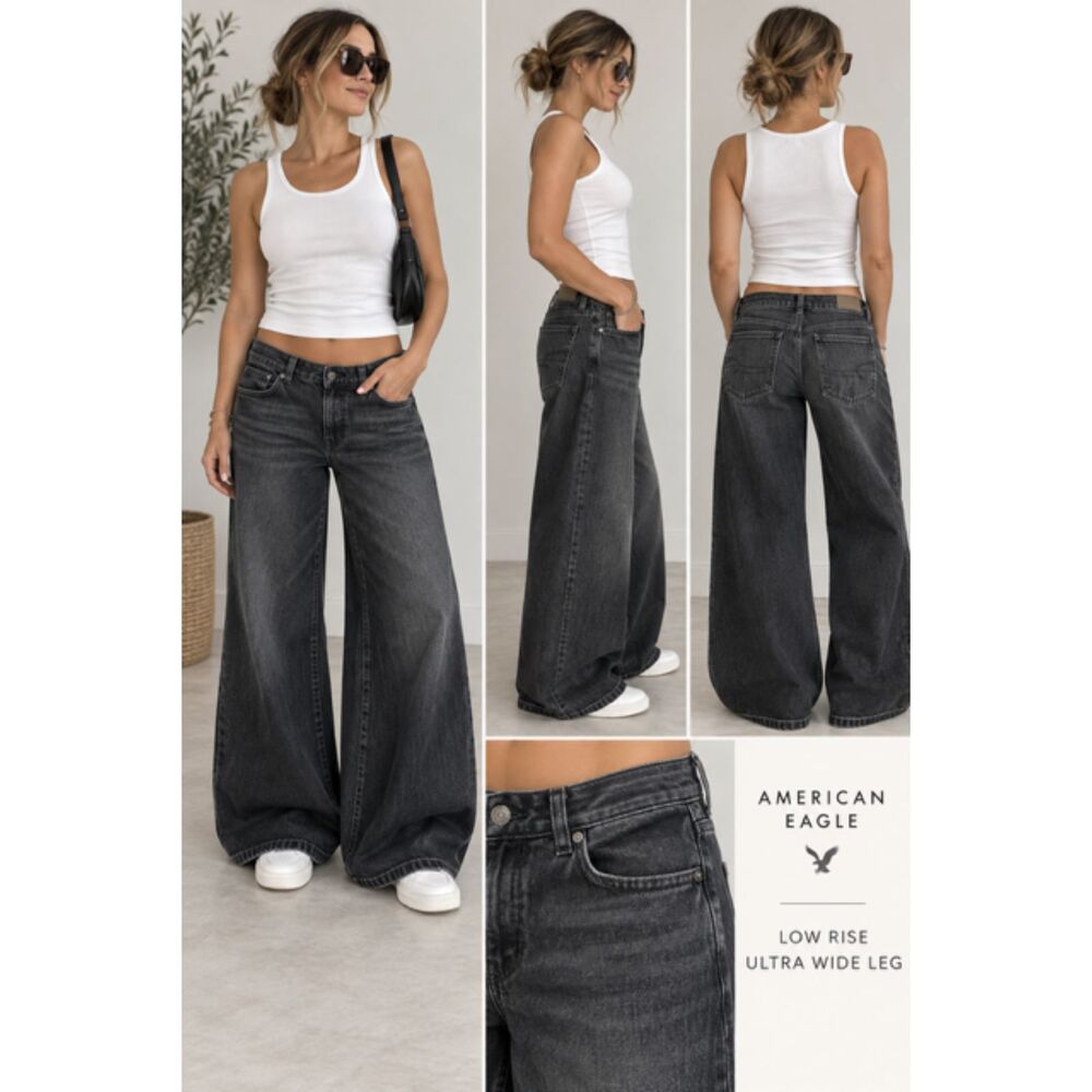 American Eagle Low Rise Ultra Wide Leg Jeans Size 12 Long Black